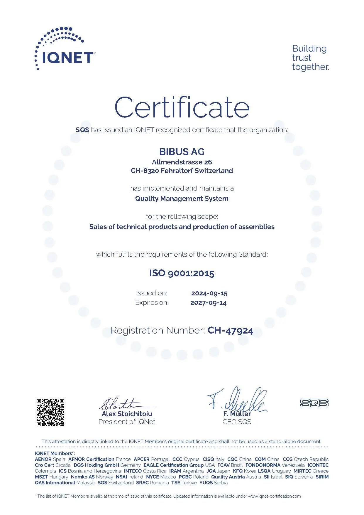 BIBUS AG Qualitätssicherung IQNet EN 15092024